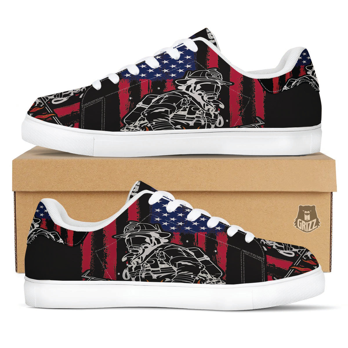 Firefighter Emblem American Print White Low Top Sneakers-grizzshop