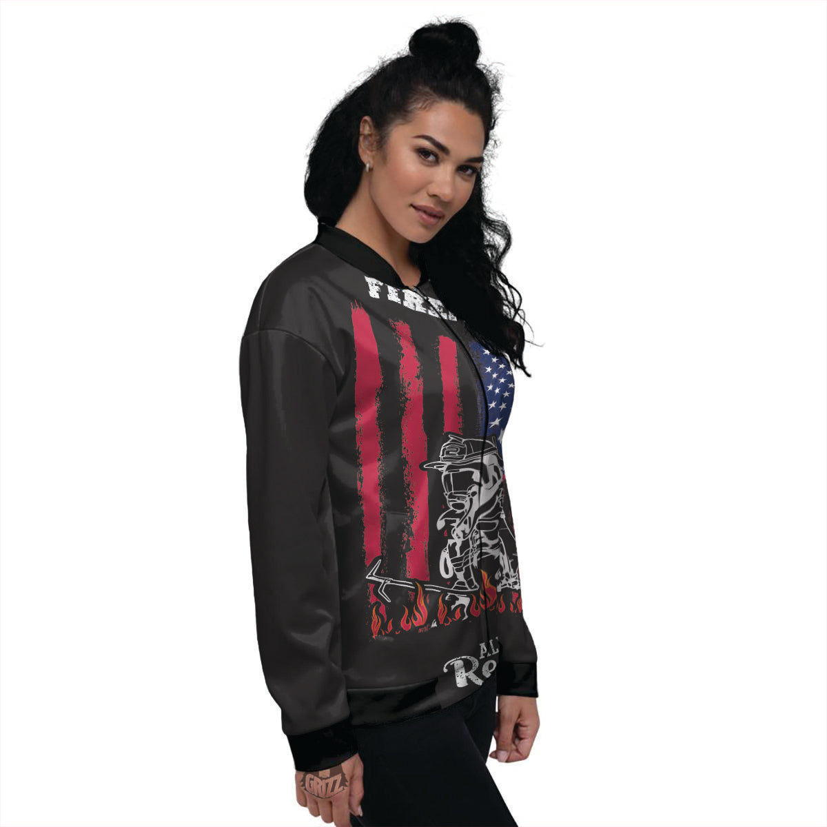Firefighter Emblem American Print Women's Bomber Jacket-grizzshop