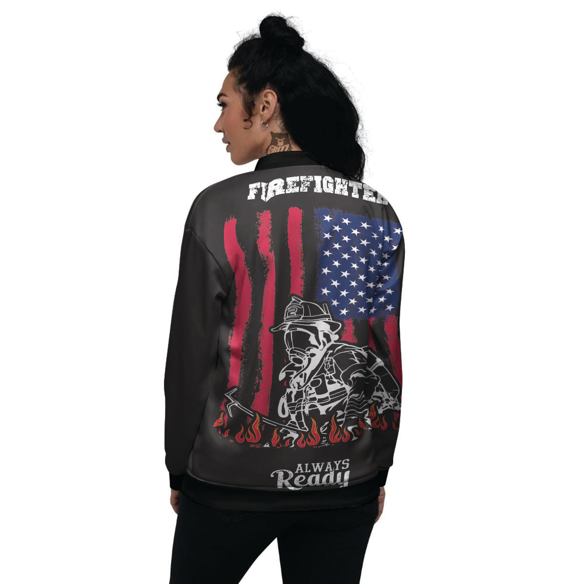 Firefighter Emblem American Print Women's Bomber Jacket-grizzshop