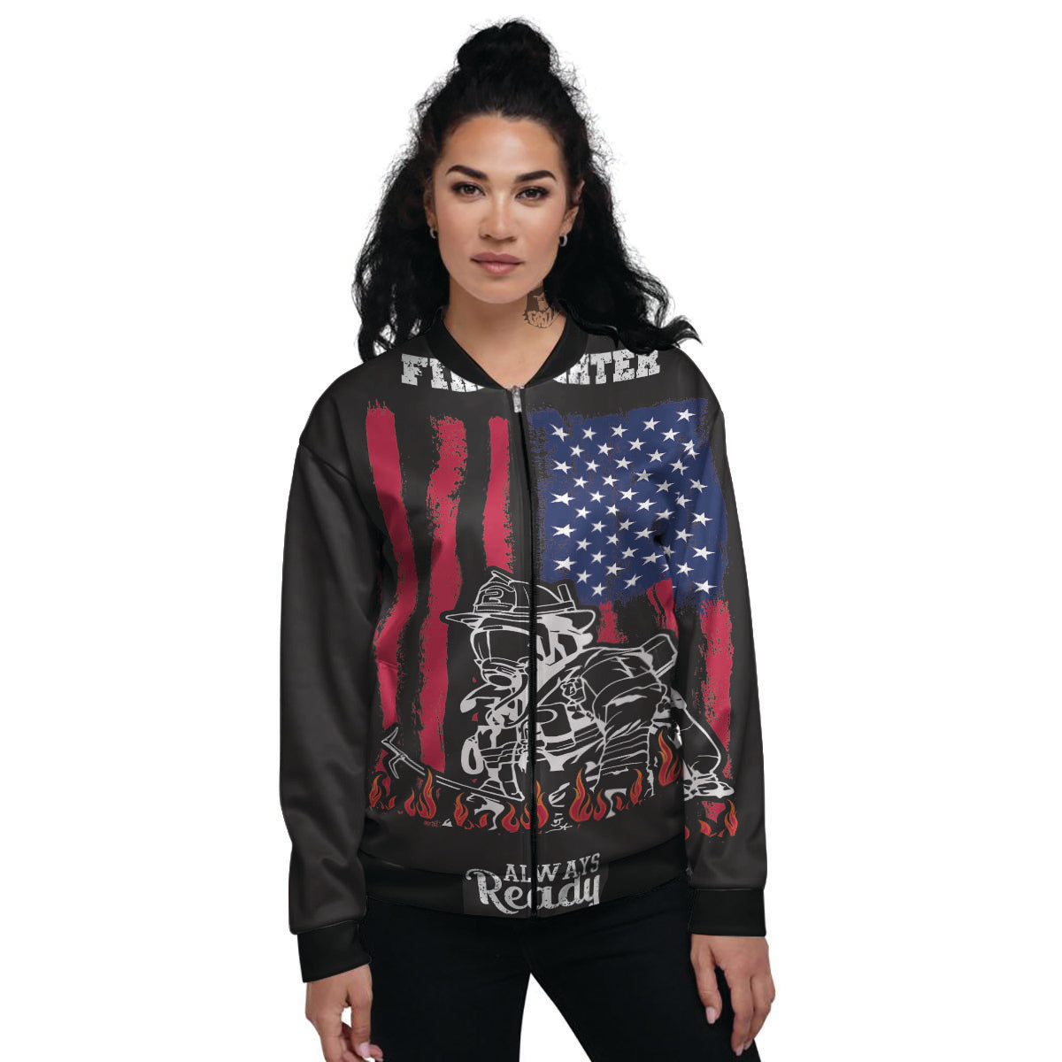 Firefighter Emblem American Print Women's Bomber Jacket-grizzshop