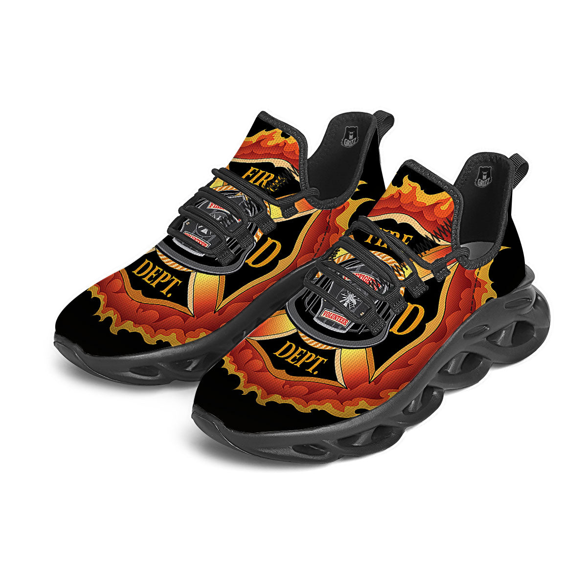 Firefighter Emblem Flaming Print Black Running Shoes-grizzshop