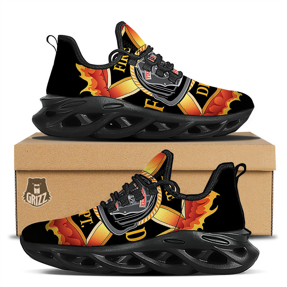 Firefighter Emblem Flaming Print Black Running Shoes-grizzshop