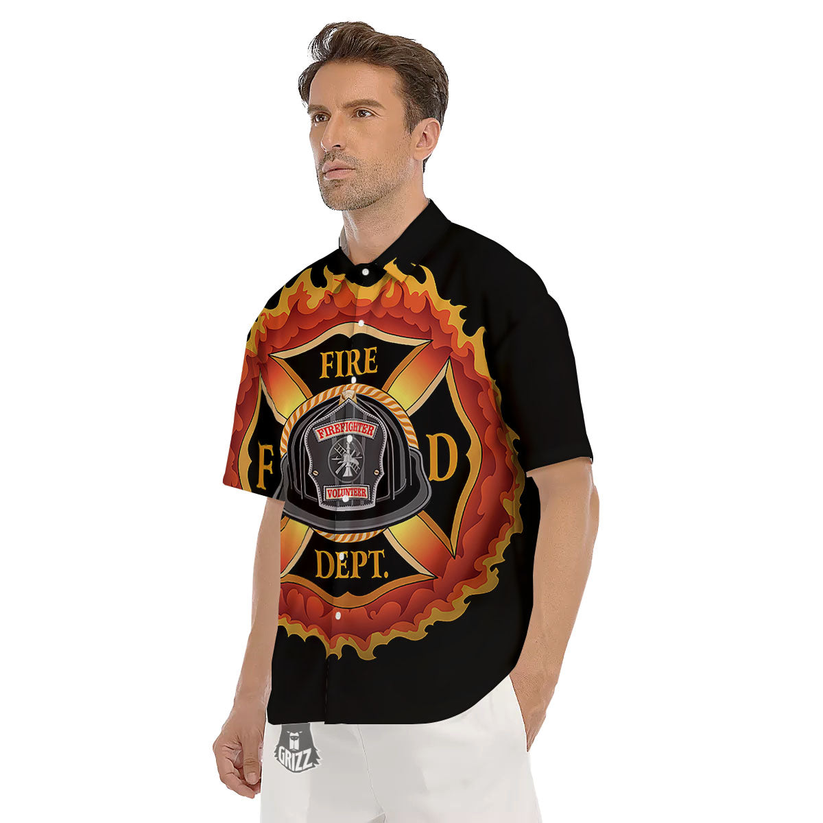 Firefighter Emblem Flaming Print Men's Short Sleeve Shirts-grizzshop