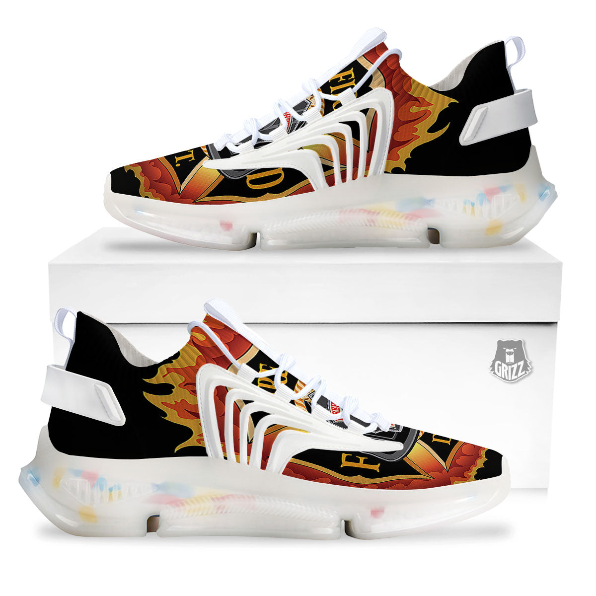Firefighter Emblem Flaming Print White Gym Shoes-grizzshop