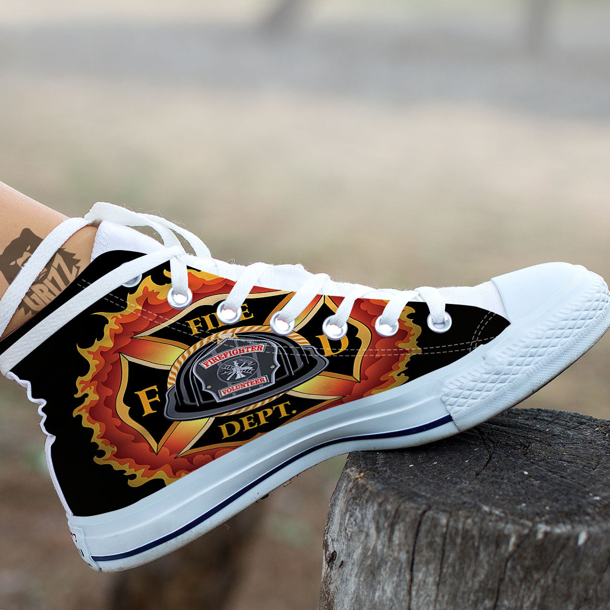 Firefighter Emblem Flaming Print White High Top Shoes-grizzshop