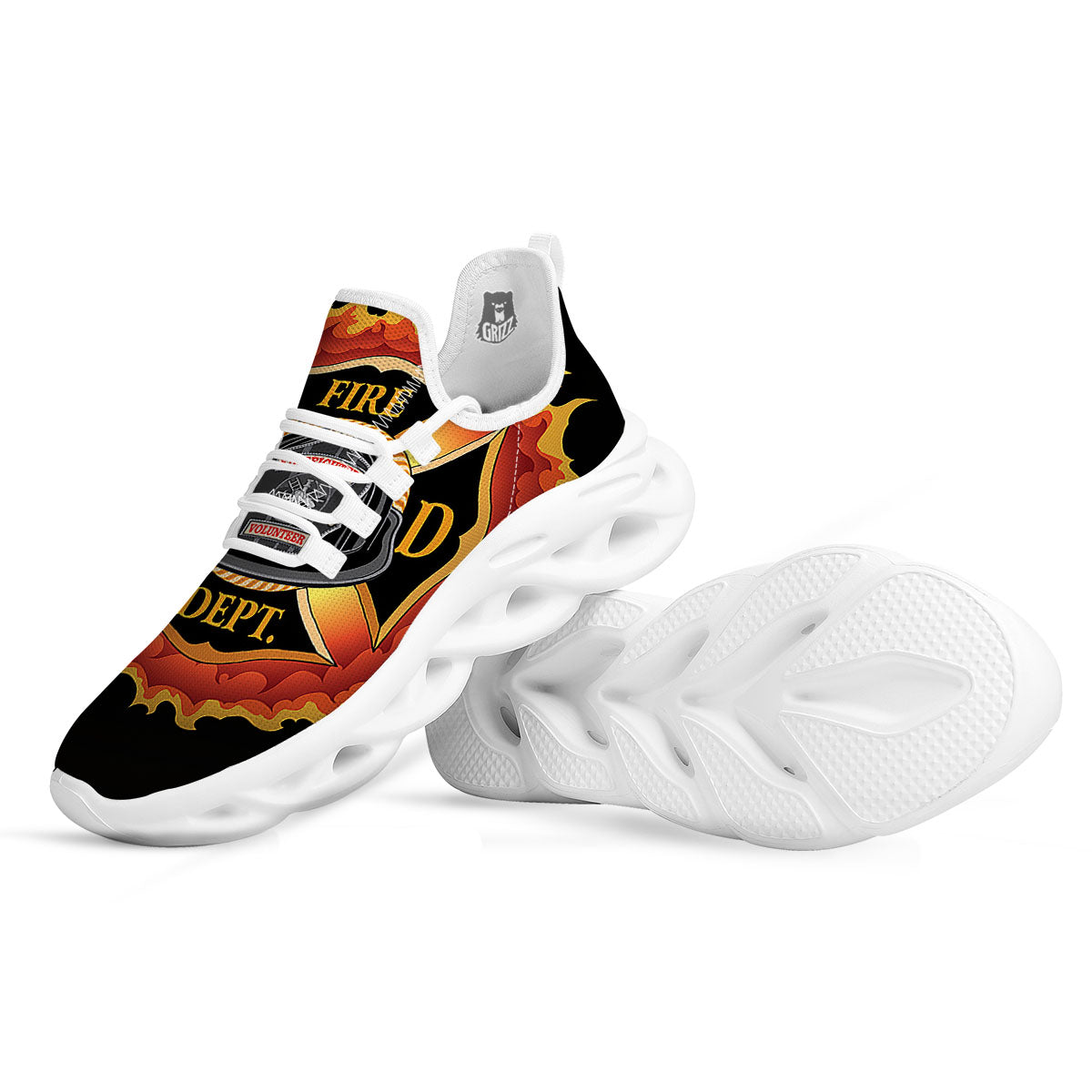 Firefighter Emblem Flaming Print White Running Shoes-grizzshop