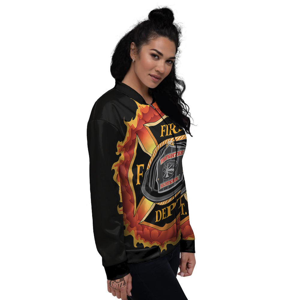 Firefighter Emblem Flaming Print Women's Bomber Jacket-grizzshop