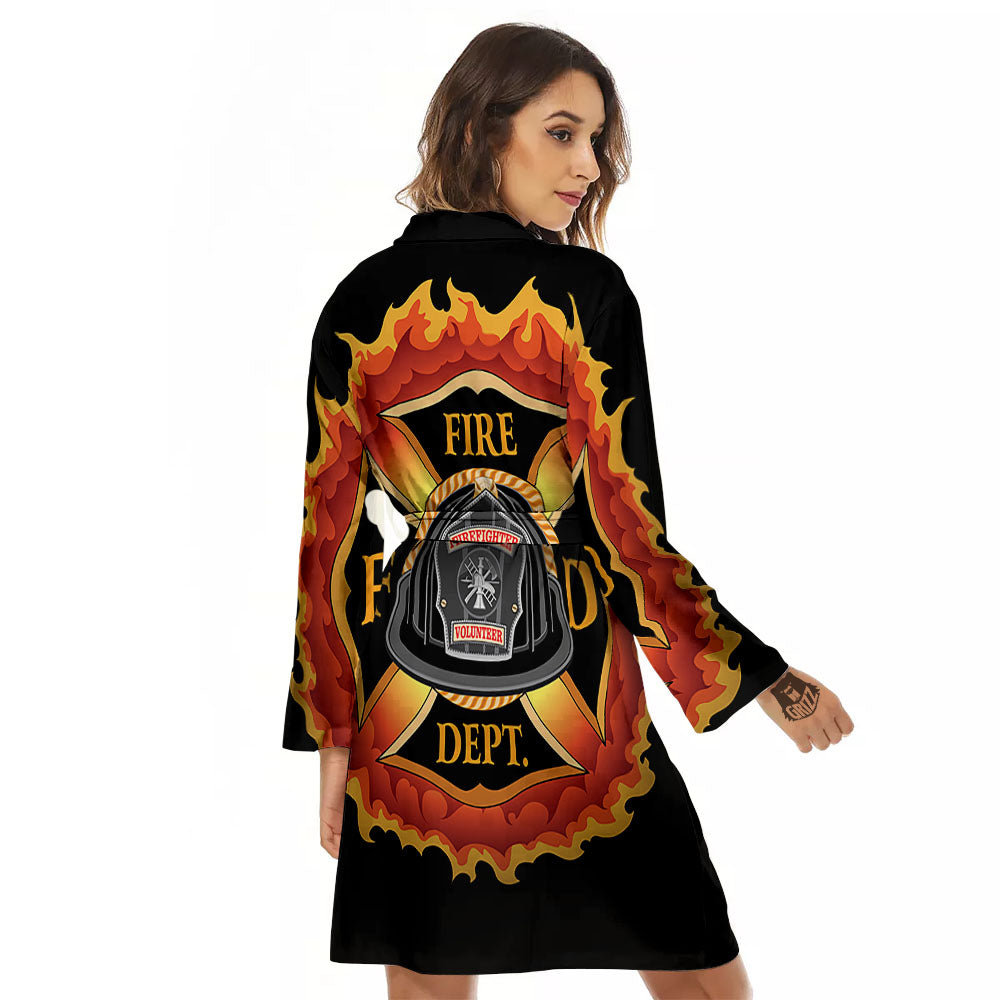 Firefighter Emblem Flaming Print Women's Robe-grizzshop