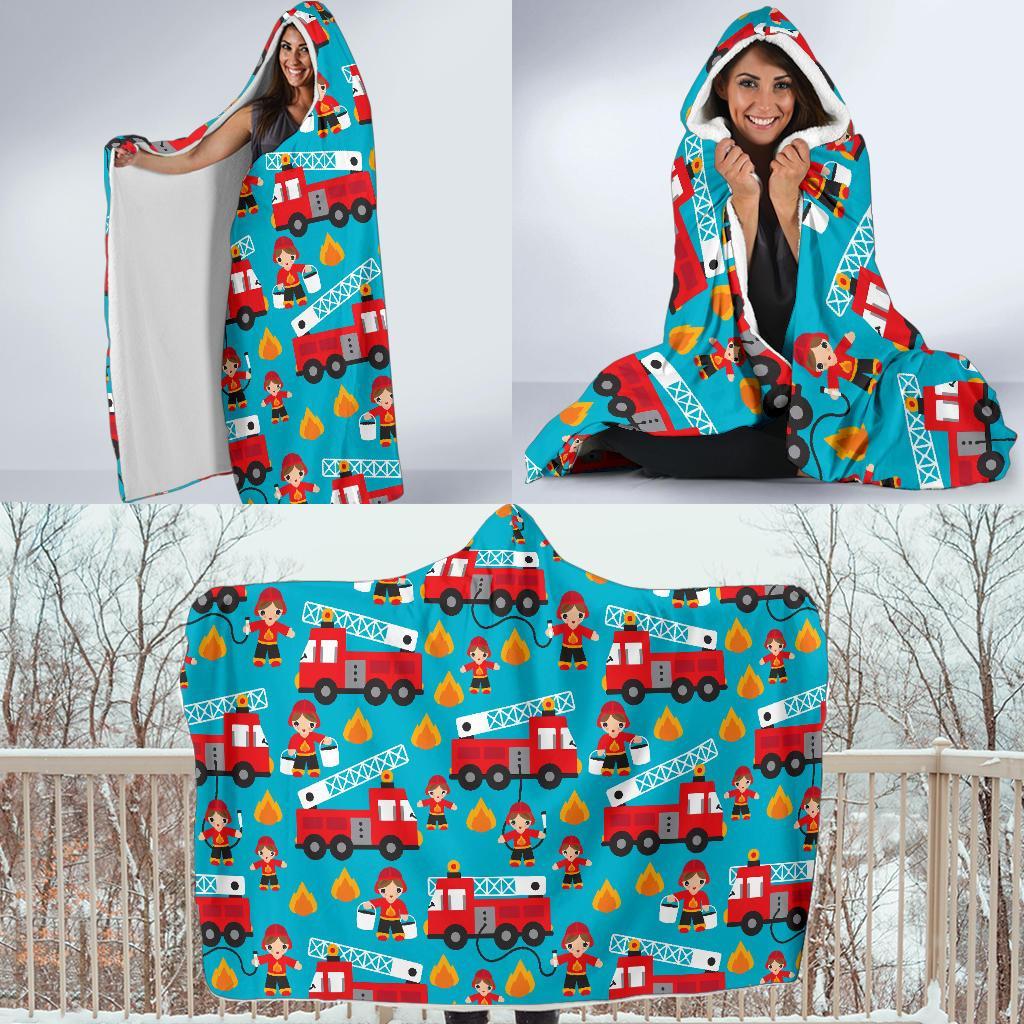 Firefighter Pattern Print Hooded Blanket-grizzshop