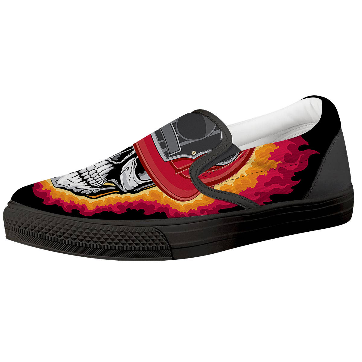 Firefighter Skull Flaming Print Black Slip On Shoes-grizzshop