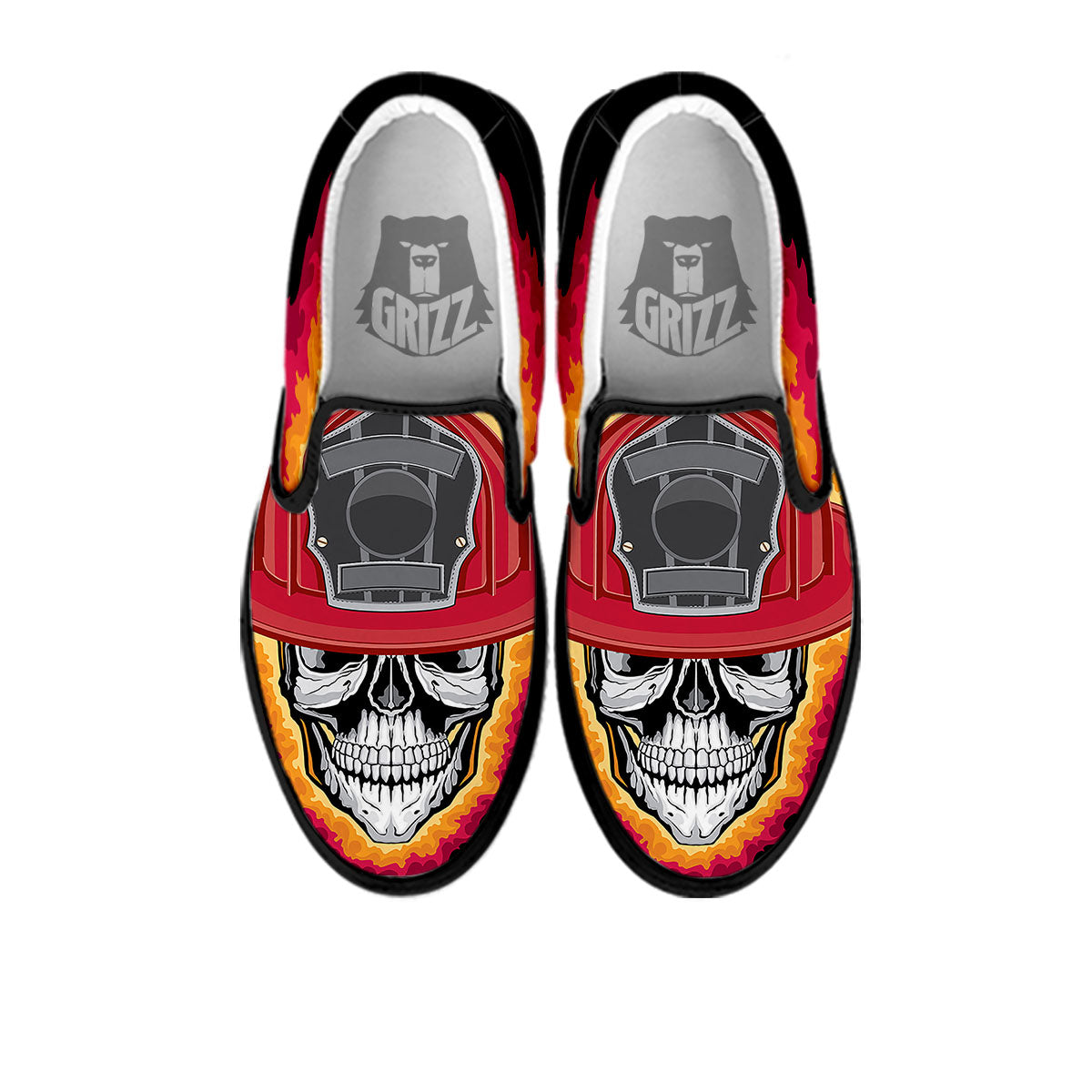Firefighter Skull Flaming Print Black Slip On Shoes-grizzshop