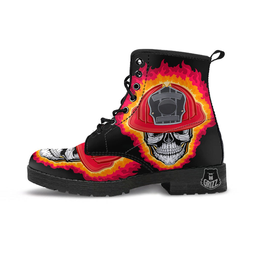 Firefighter Skull Flaming Print Leather Boots-grizzshop
