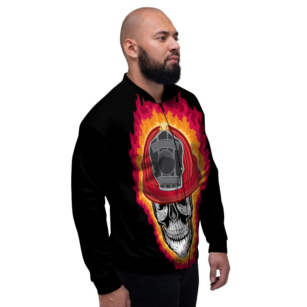 Firefighter Skull Flaming Print Men's Bomber Jacket-grizzshop
