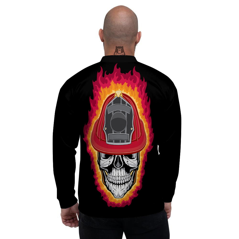 Firefighter Skull Flaming Print Men's Bomber Jacket-grizzshop