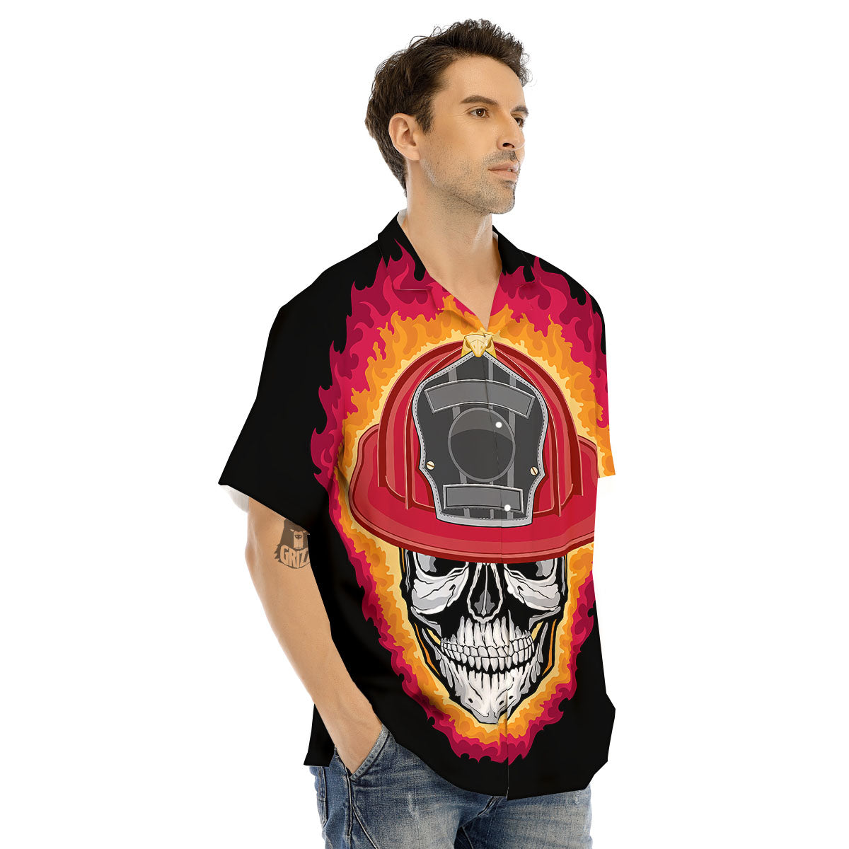 Firefighter Skull Flaming Print Men's Hawaiian Shirt-grizzshop