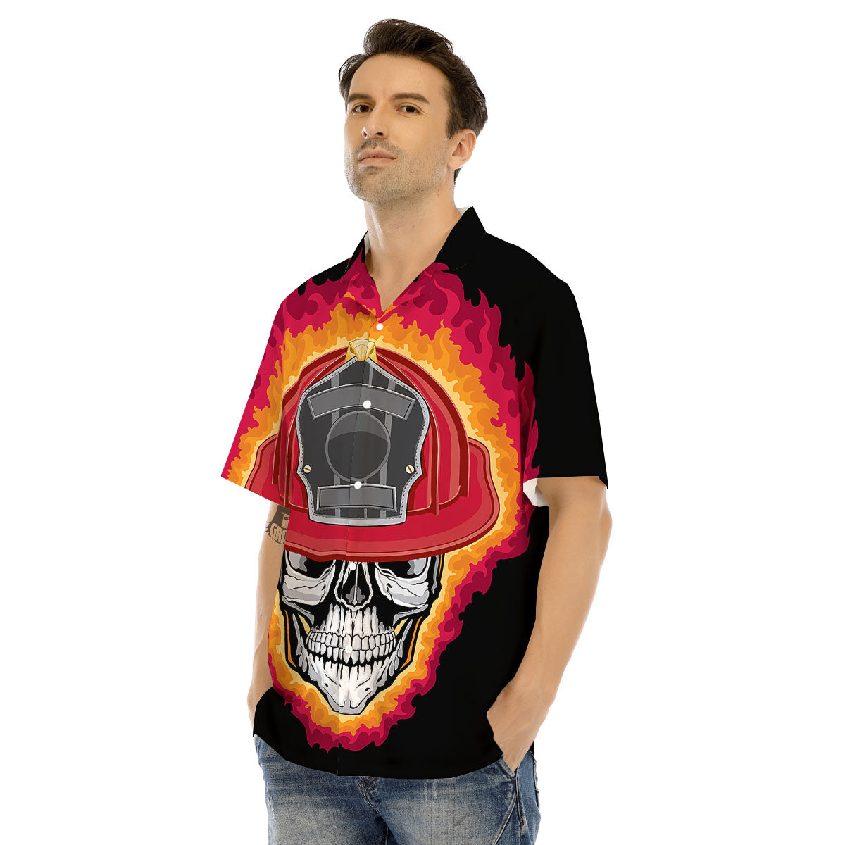 Firefighter Skull Flaming Print Men's Hawaiian Shirt-grizzshop