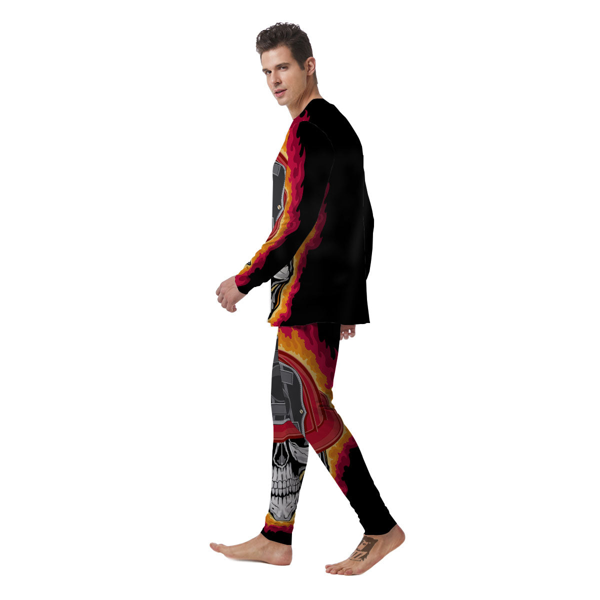 Firefighter Skull Flaming Print Men's Pajamas-grizzshop