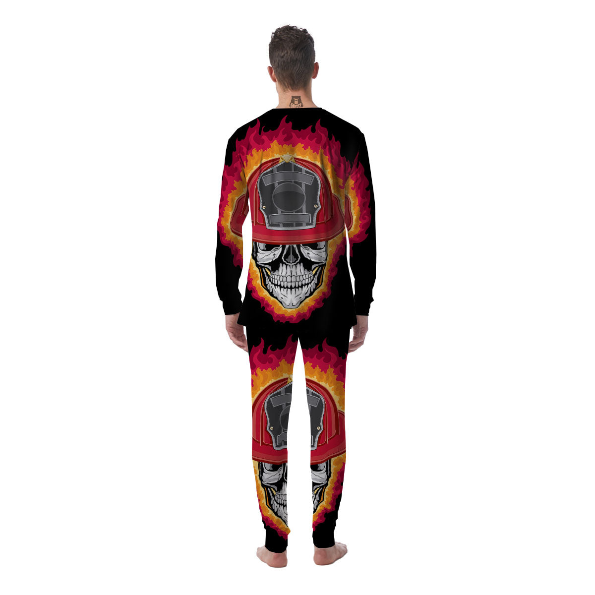 Firefighter Skull Flaming Print Men's Pajamas-grizzshop