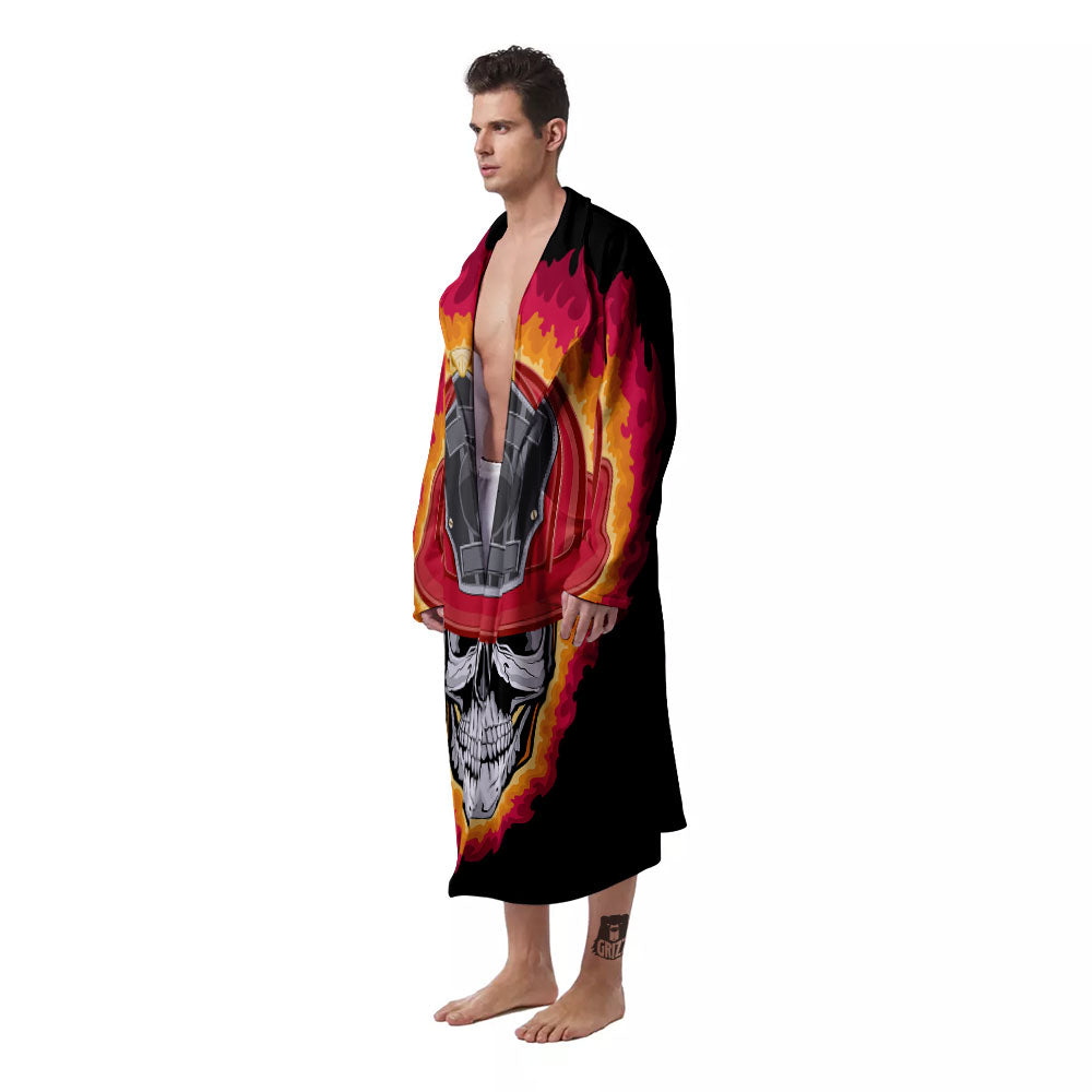 Firefighter Skull Flaming Print Men's Robe-grizzshop