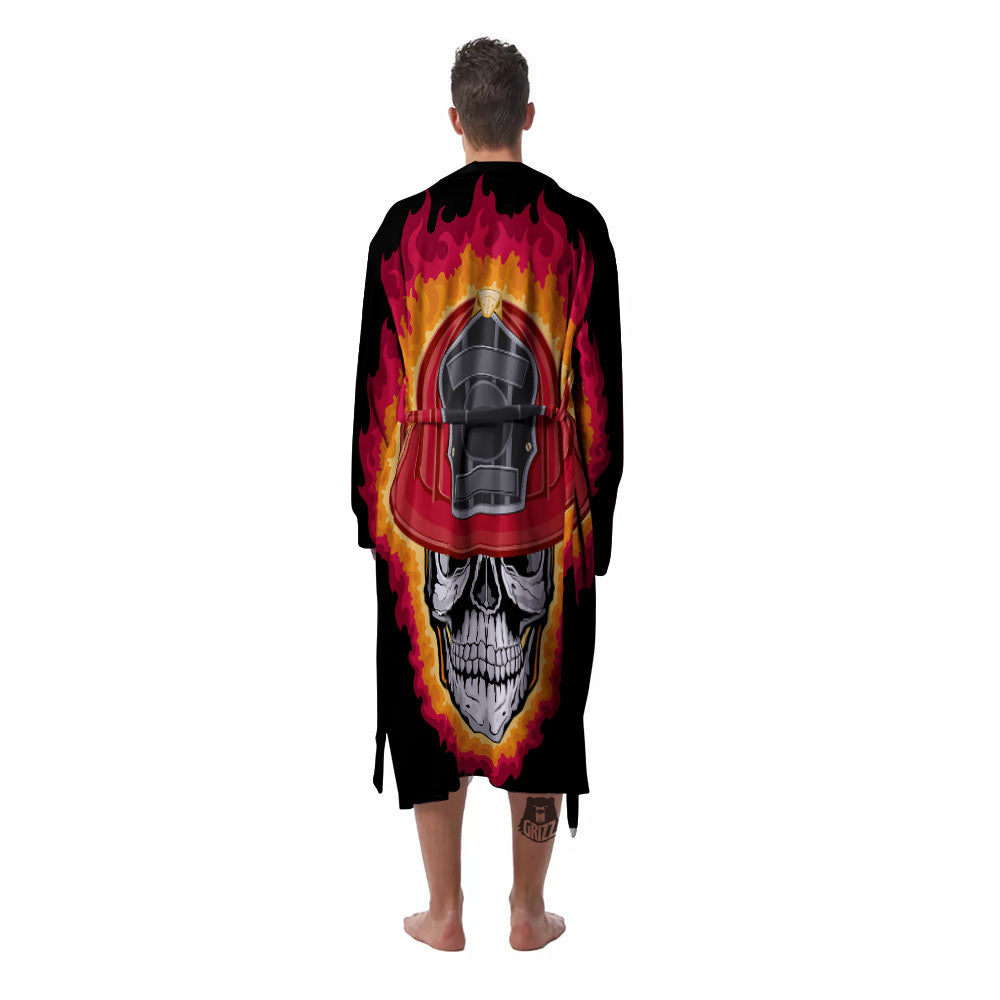 Firefighter Skull Flaming Print Men's Robe-grizzshop