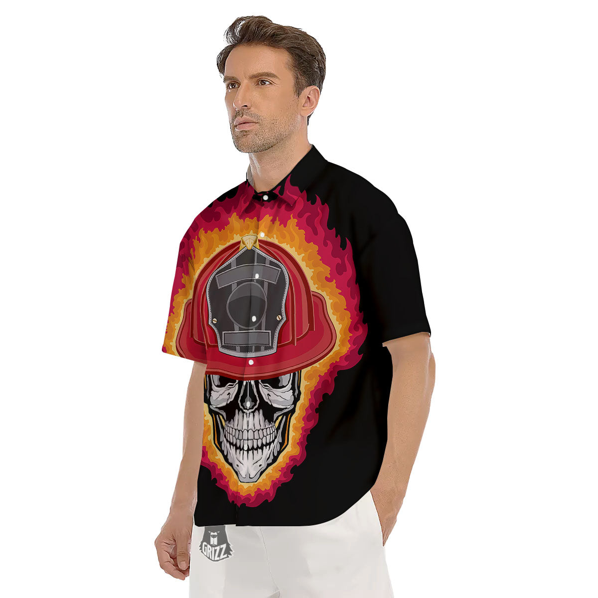 Firefighter Skull Flaming Print Men's Short Sleeve Shirts-grizzshop