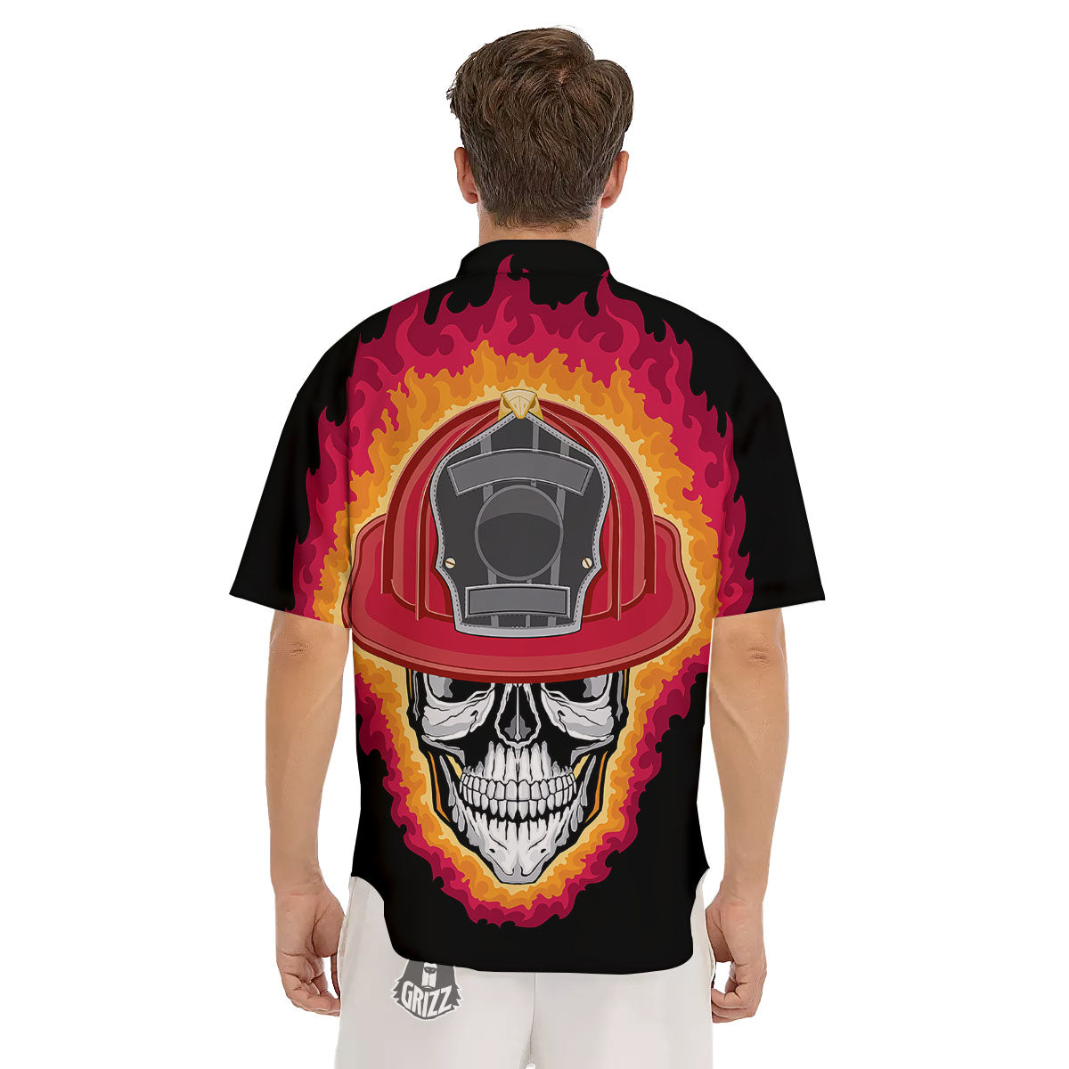 Firefighter Skull Flaming Print Men's Short Sleeve Shirts-grizzshop