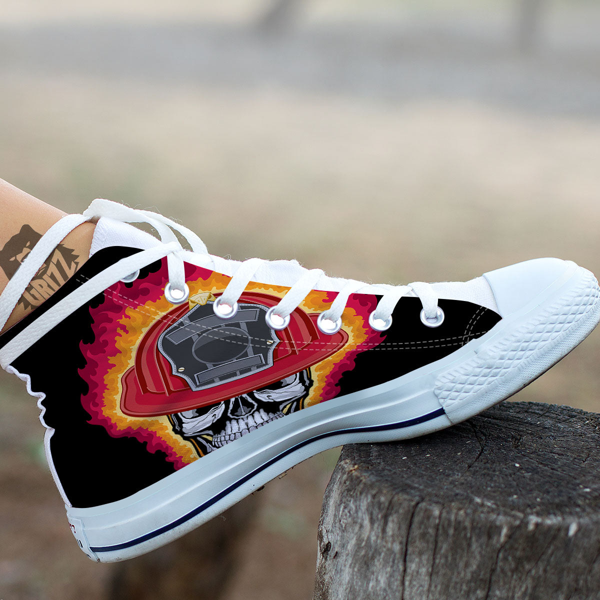 Firefighter Skull Flaming Print White High Top Shoes-grizzshop