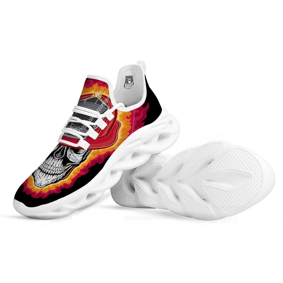Firefighter Skull Flaming Print White Running Shoes-grizzshop