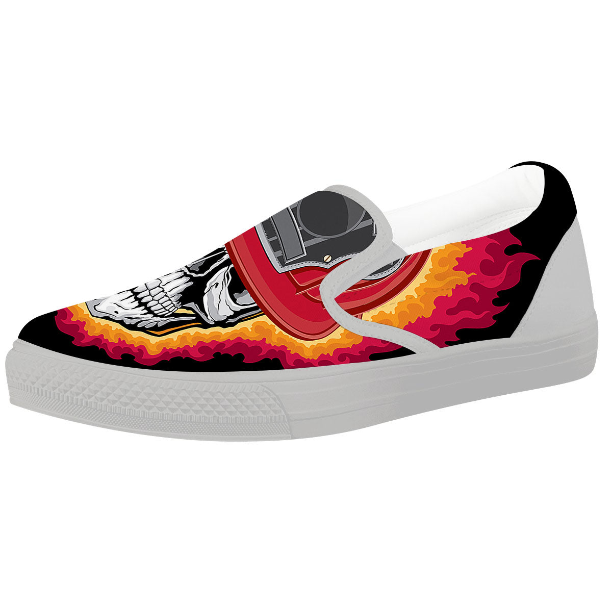 Firefighter Skull Flaming Print White Slip On Shoes-grizzshop