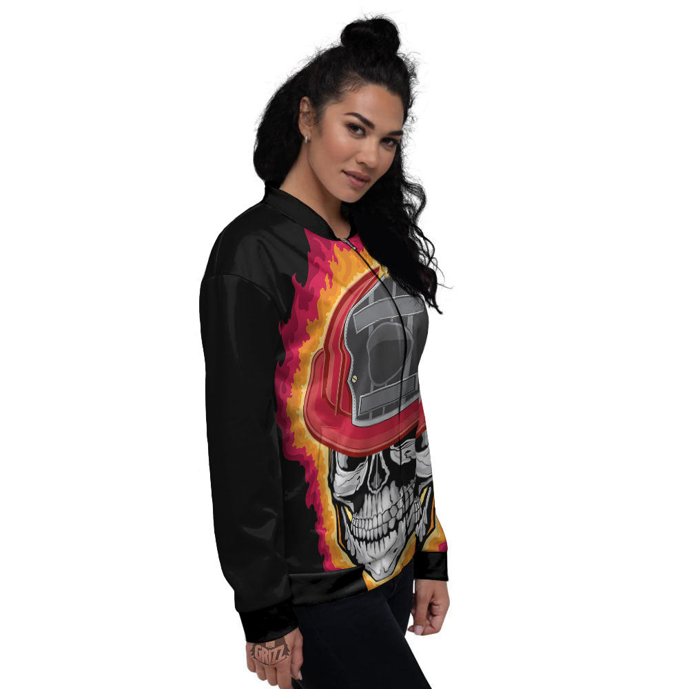 Firefighter Skull Flaming Print Women's Bomber Jacket-grizzshop