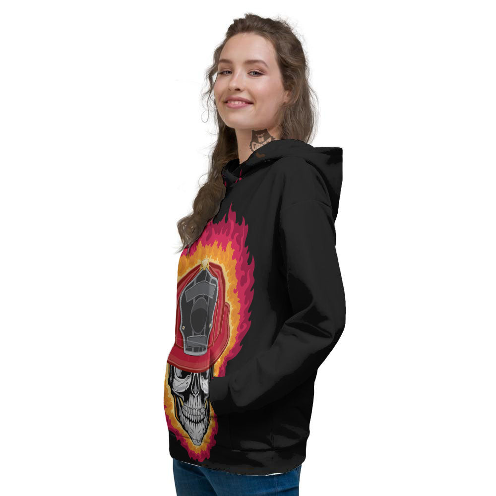 Firefighter Skull Flaming Print Women's Hoodie-grizzshop
