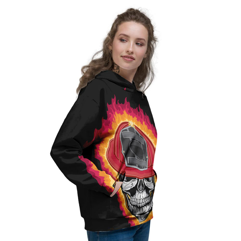 Firefighter Skull Flaming Print Women's Hoodie-grizzshop