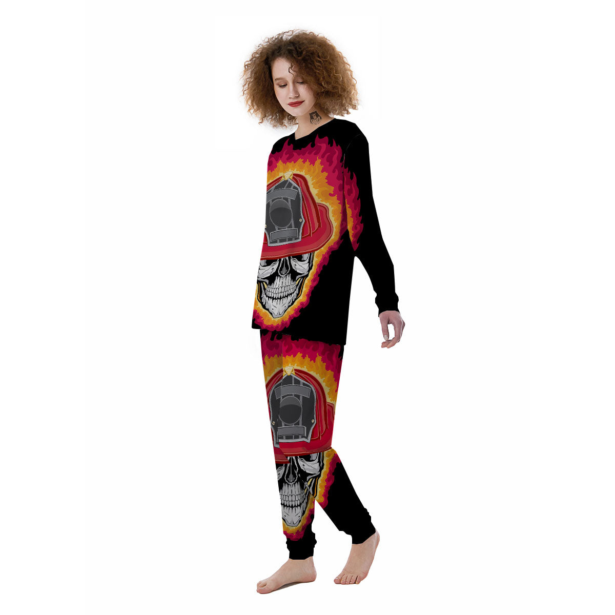 Firefighter Skull Flaming Print Women's Pajamas-grizzshop