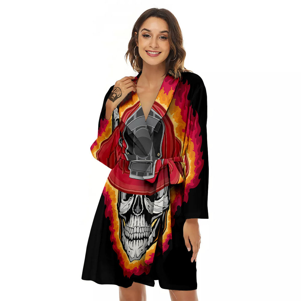 Firefighter Skull Flaming Print Women's Robe-grizzshop
