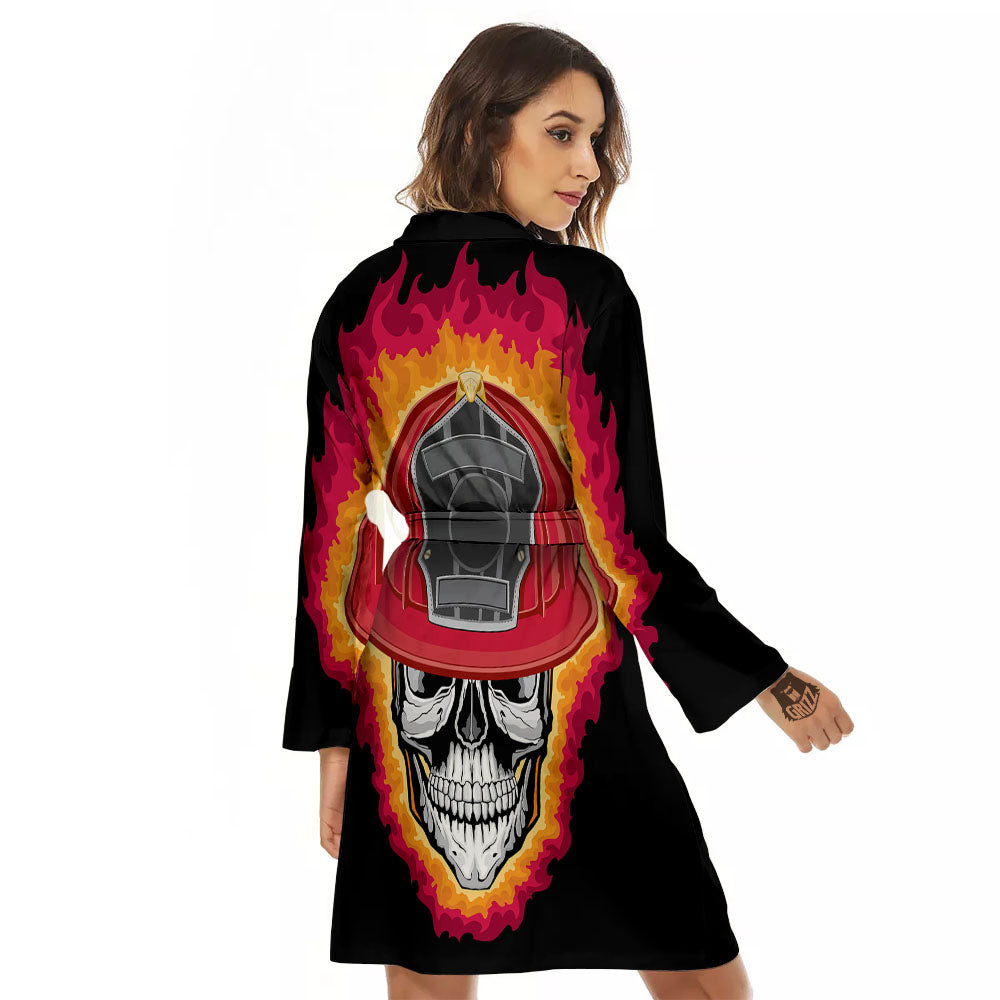 Firefighter Skull Flaming Print Women's Robe-grizzshop
