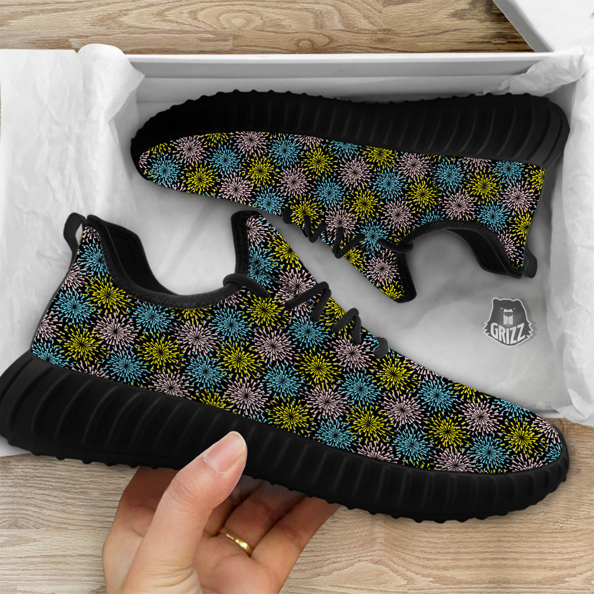 Fireworks Flowers Abstract Print Pattern Black Walking Shoes-grizzshop