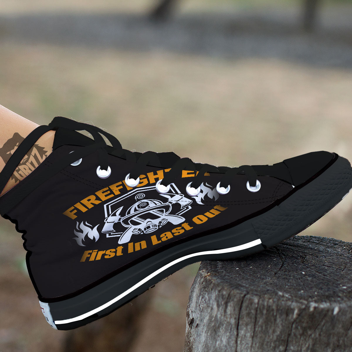 First In Last Out Firefighter Print Black High Top Shoes-grizzshop