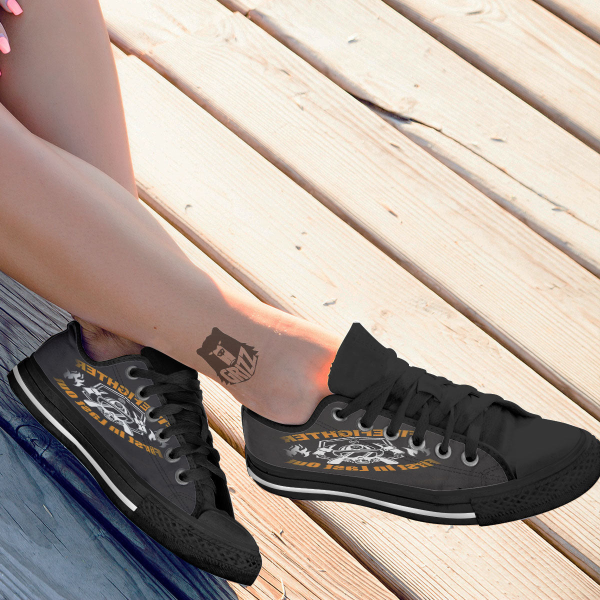 First In Last Out Firefighter Print Black Low Top Shoes-grizzshop