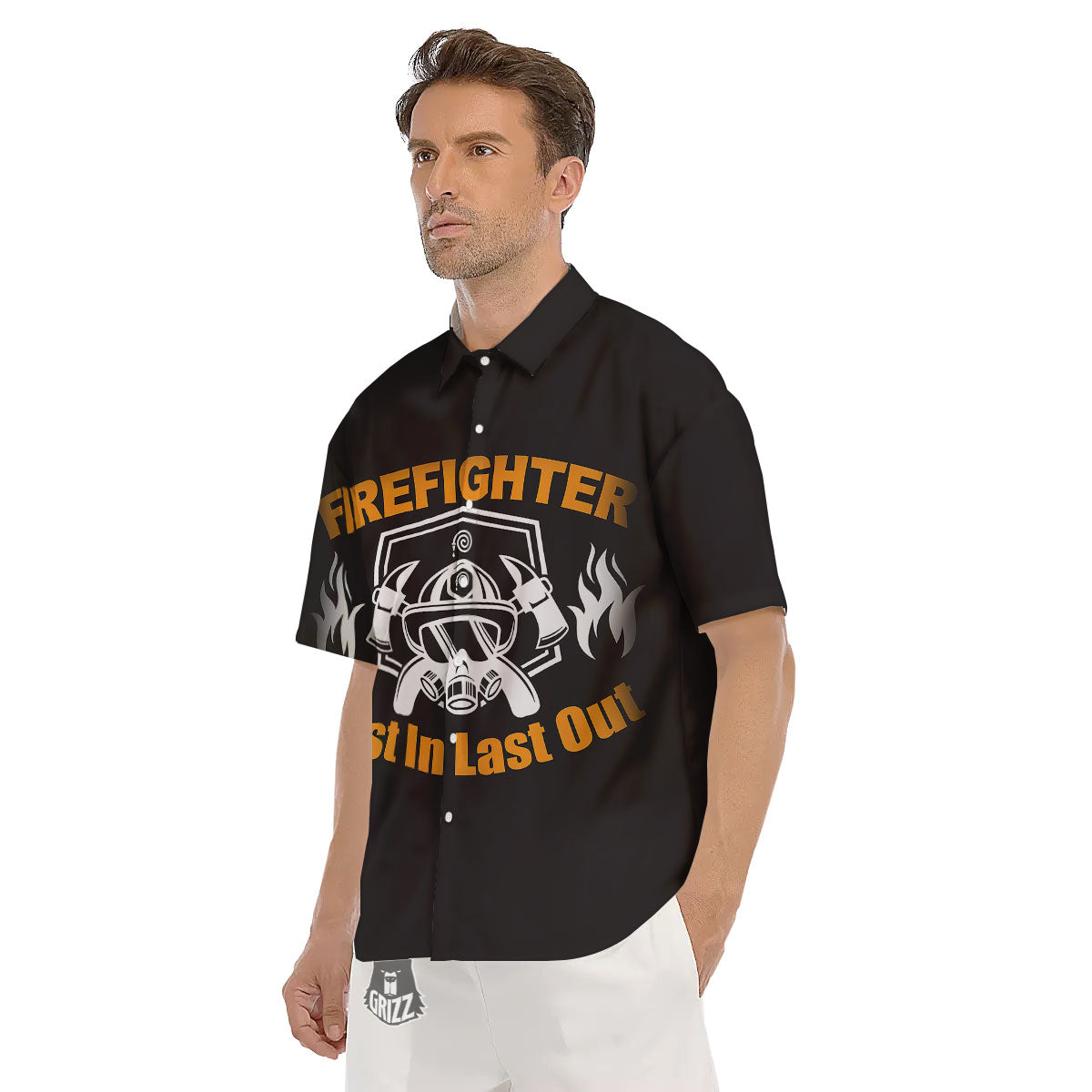 First In Last Out Firefighter Print Men's Short Sleeve Shirts-grizzshop