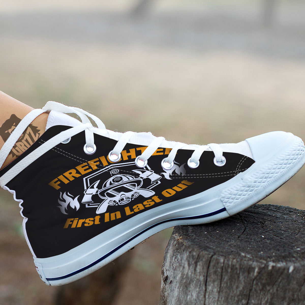 First In Last Out Firefighter Print White High Top Shoes-grizzshop
