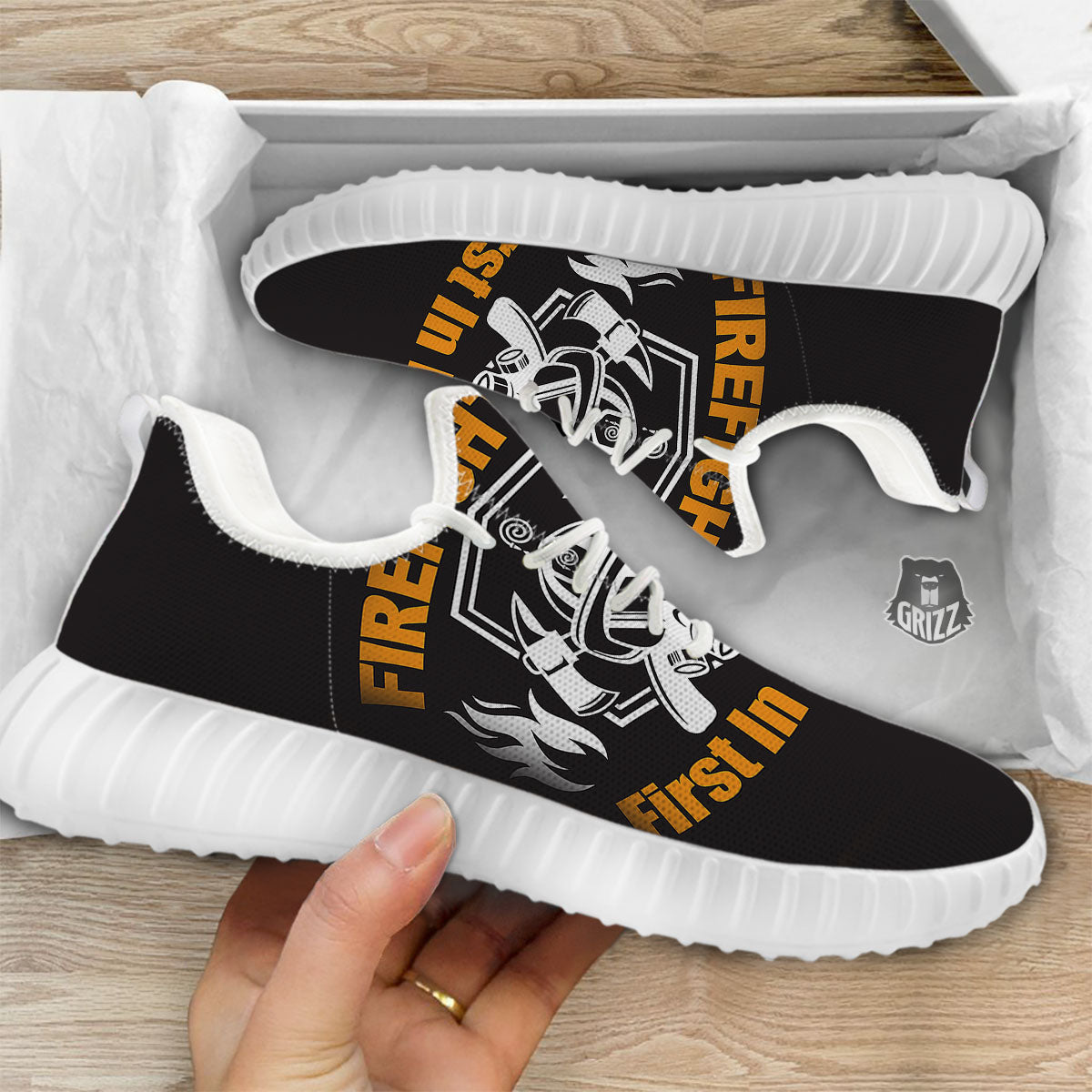 First In Last Out Firefighter Print White Walking Shoes-grizzshop
