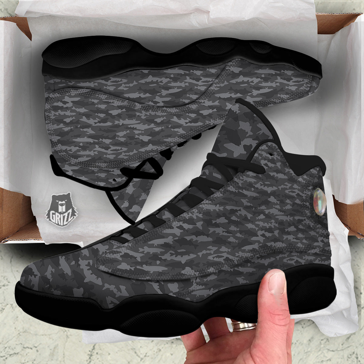Fish Camouflage Grey Print Pattern Black Basketball Shoes-grizzshop