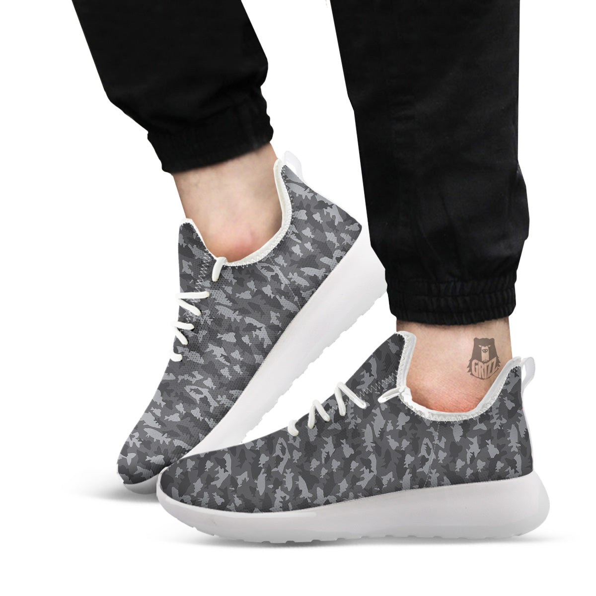 Fish Camouflage Grey Print Pattern White Athletic Shoes-grizzshop