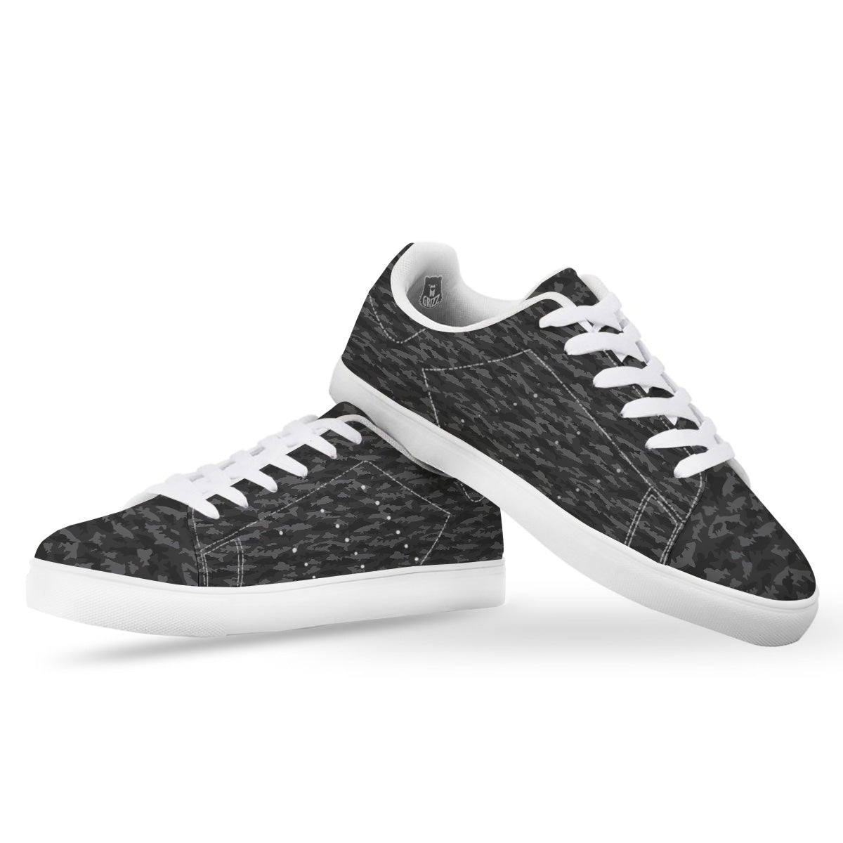 Fish Camouflage Grey Print Pattern White Low Top Sneakers-grizzshop