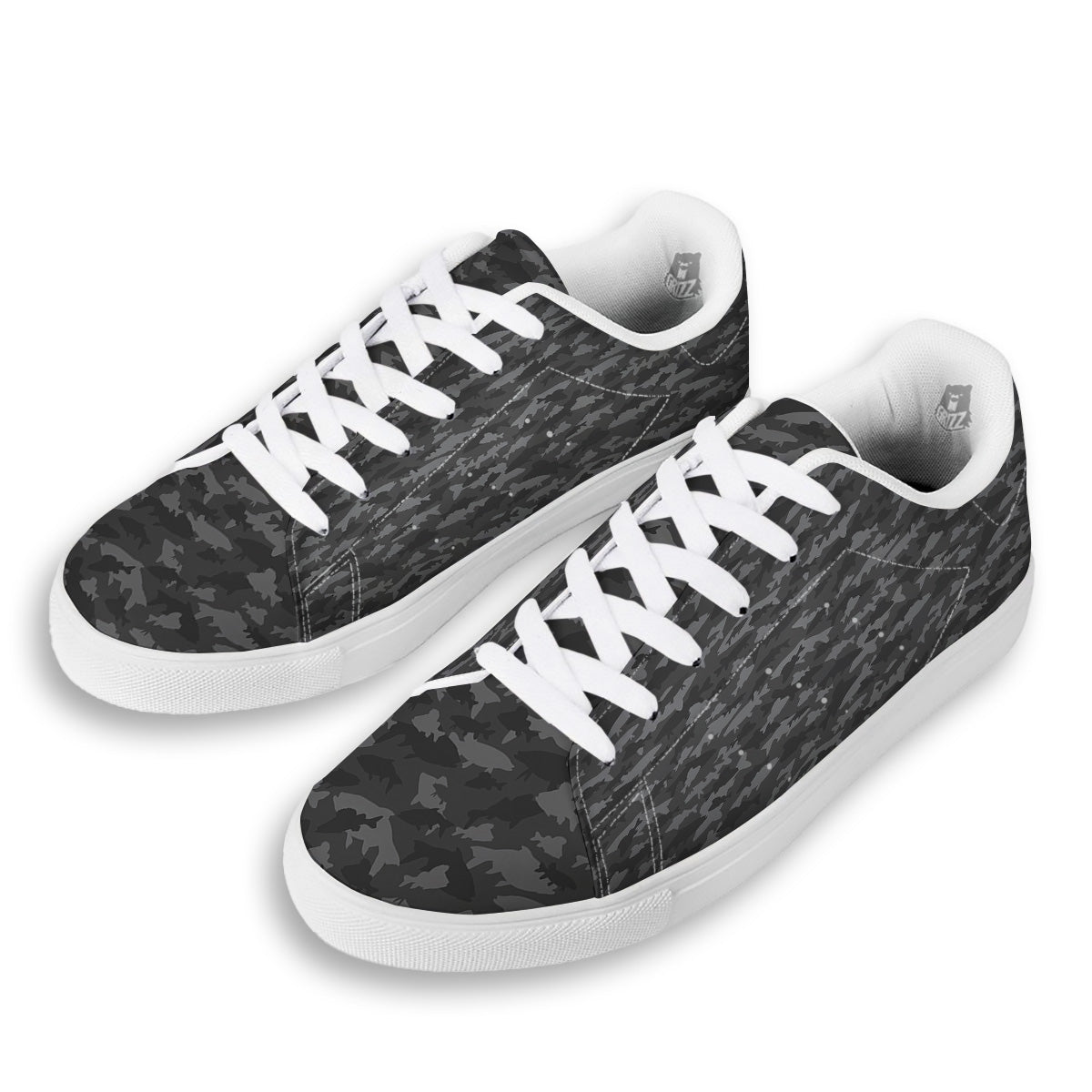Fish Camouflage Grey Print Pattern White Low Top Sneakers-grizzshop