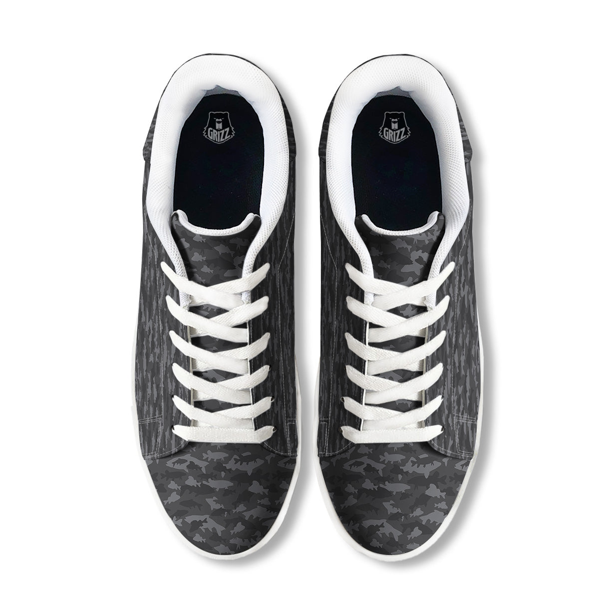 Fish Camouflage Grey Print Pattern White Low Top Sneakers-grizzshop