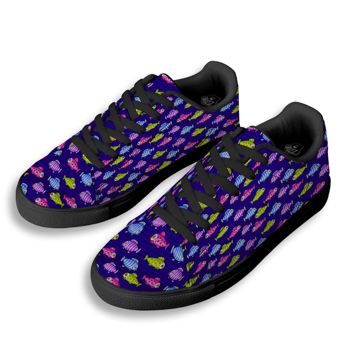 Fish Cartoon Print Pattern Black Low Top Sneakers-grizzshop