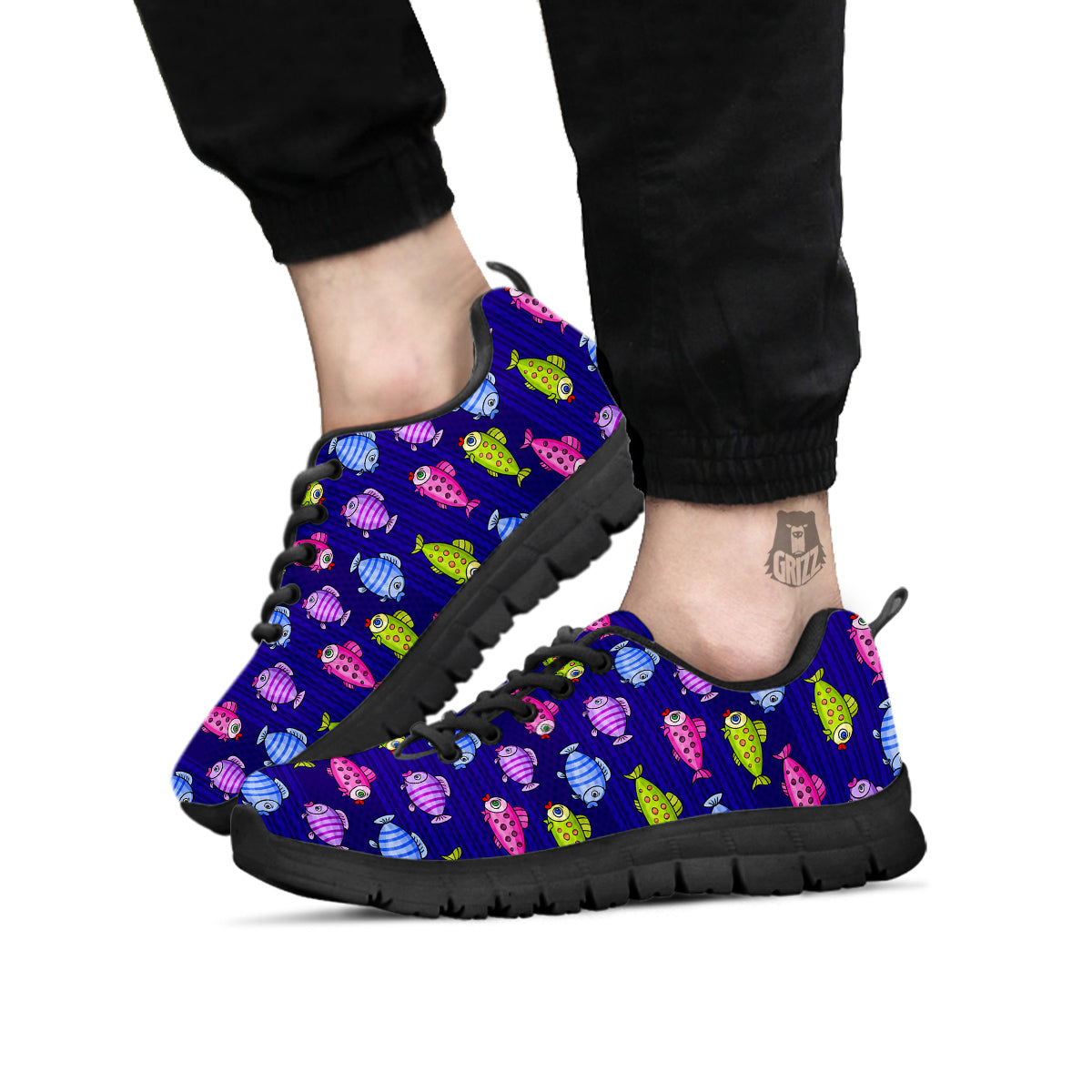 Fish Cartoon Print Pattern Black Sneaker-grizzshop