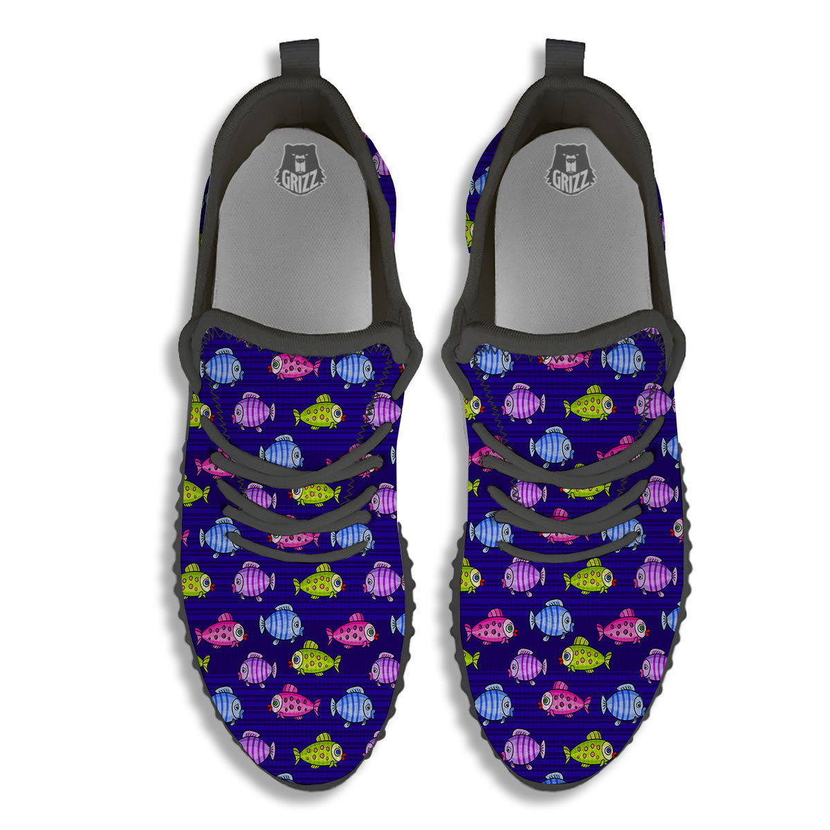 Fish Cartoon Print Pattern Black Walking Shoes-grizzshop