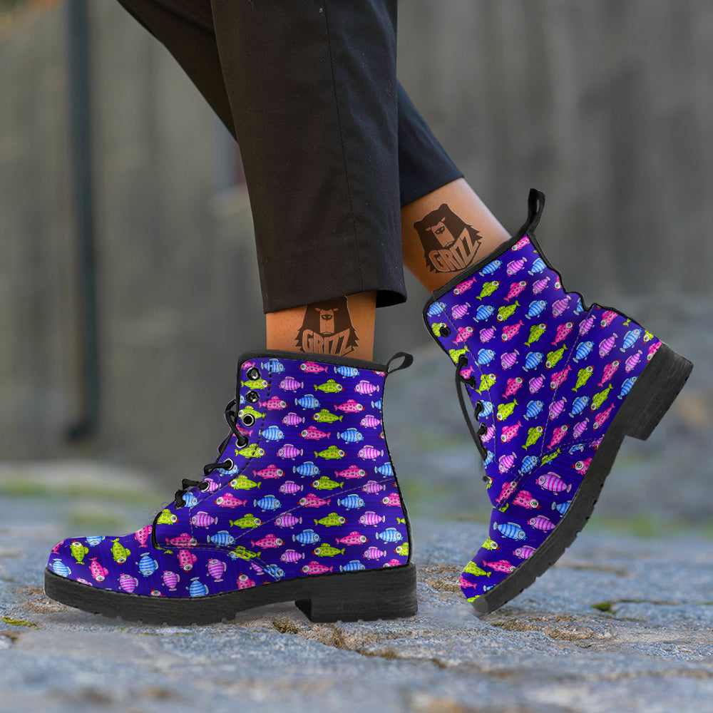 Fish Cartoon Print Pattern Leather Boots-grizzshop
